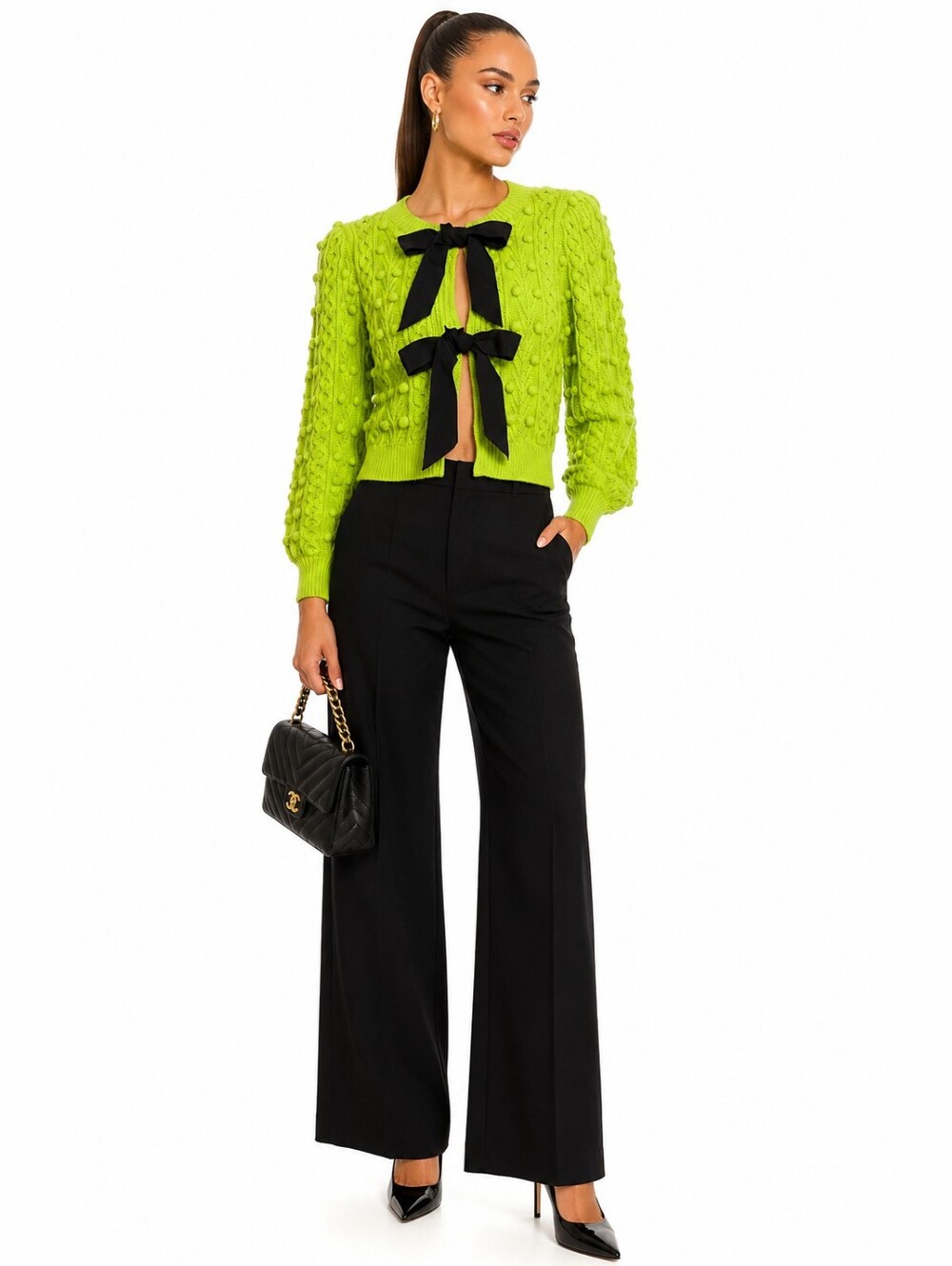 Alice + Olivia Lime Green Kitty Bow Puff Sleeve Cardigan M - Picture 2 of 14